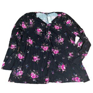 Lane Bryant Black Floral Blouse Top Long Sleeve Vneck Size 22/24